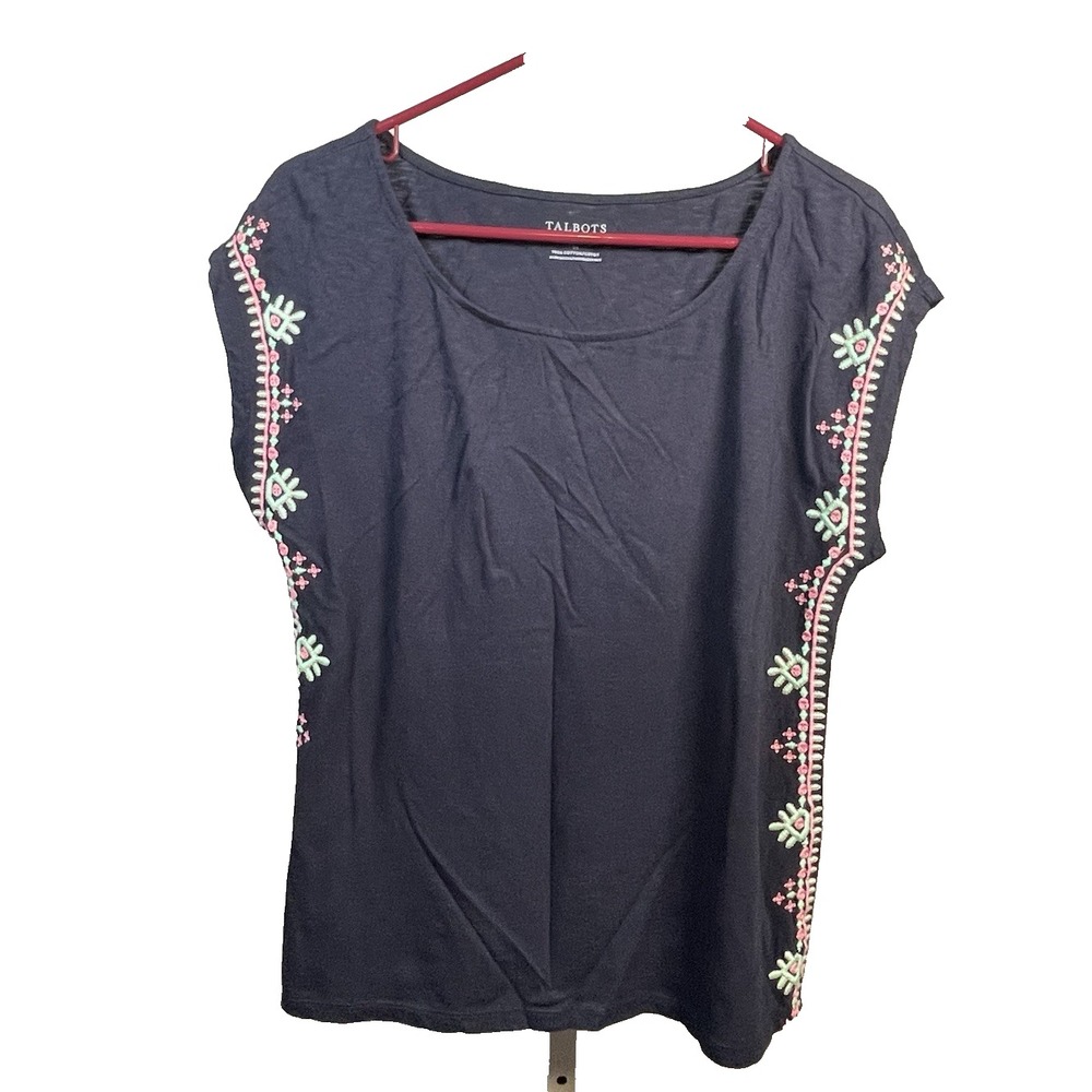 Talbots Black‎ Embroidered Tshirt Tee Medium Casual Summer Shirt Beach Women's